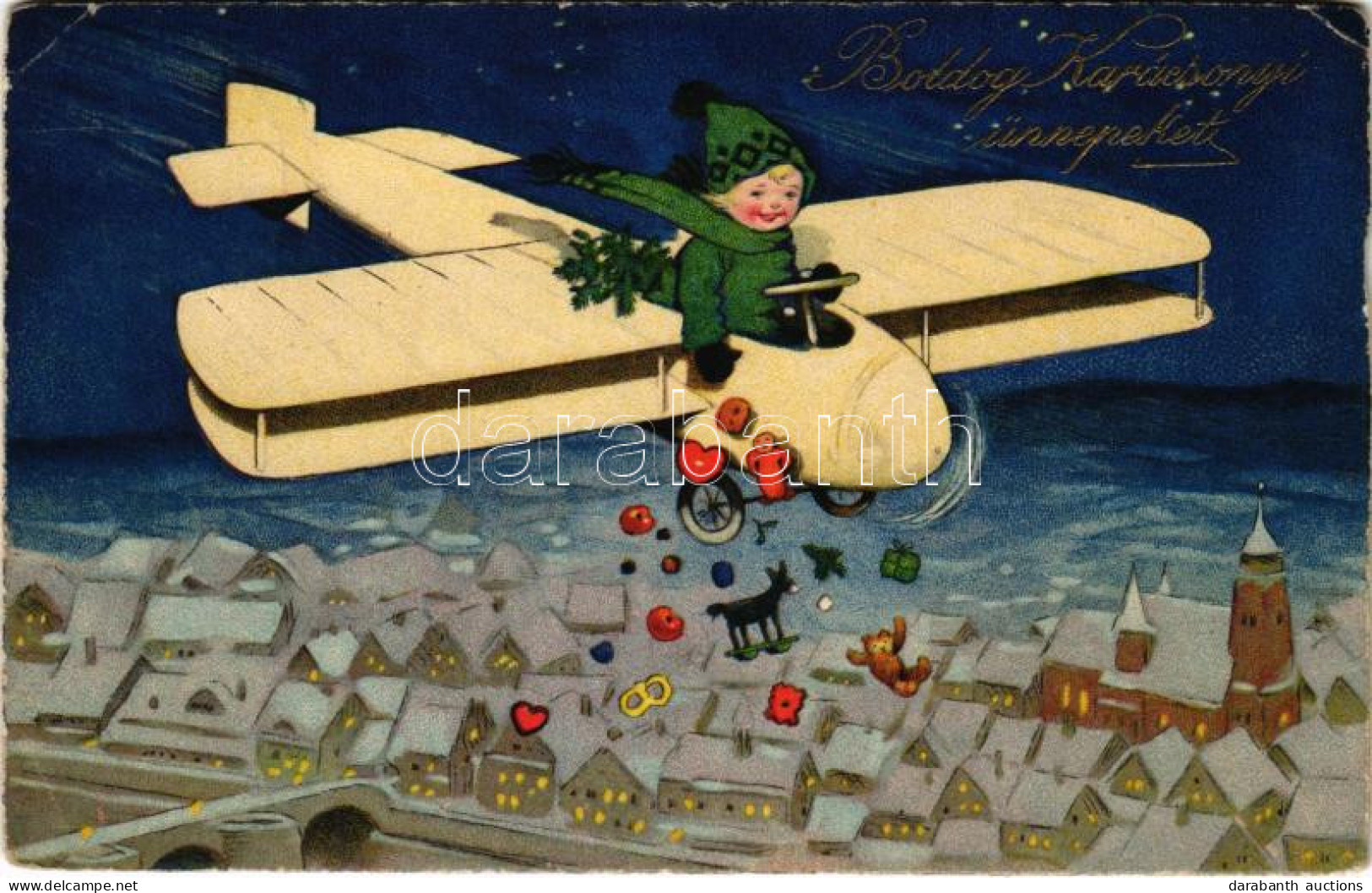 T2/T3 1929 Boldog Karácsonyi ünnepeket / Christmas Greeting Art Postcard With Airplane And Toys. Meissner & Buch Kunstka - Non Classés