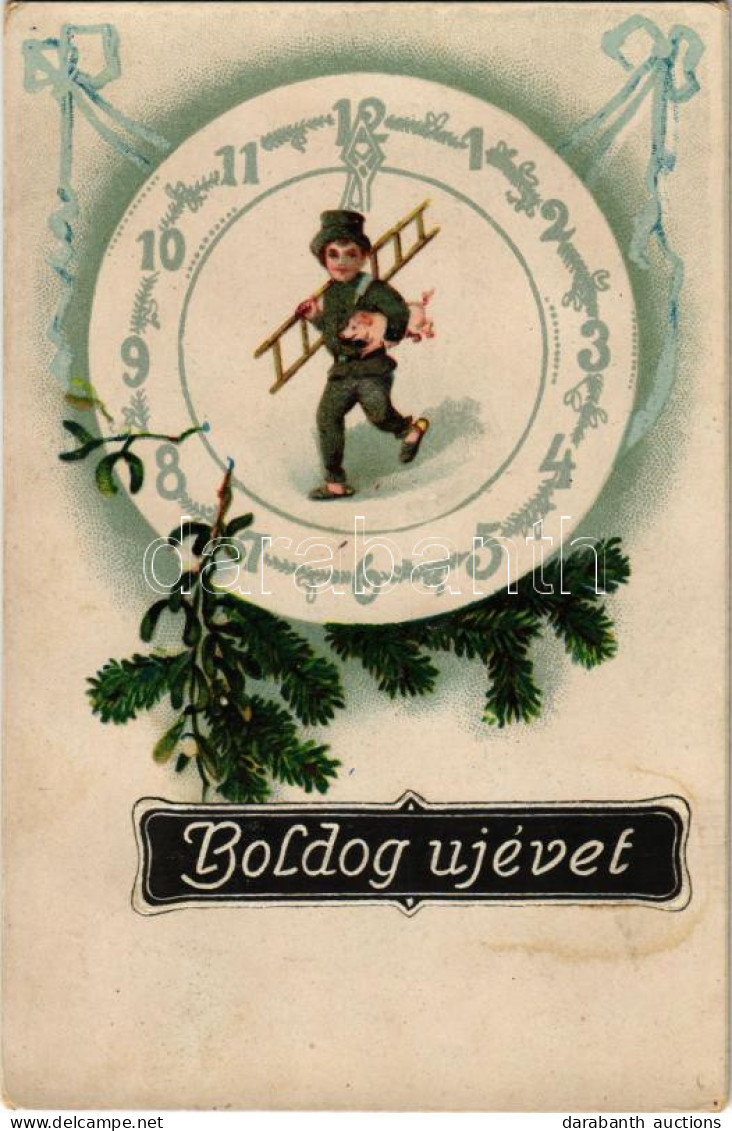* T2/T3 Boldog Újévet / New Year Greeting Art Postcard With Chimney Sweeper, Pig And Clock (fl) - Non Classés