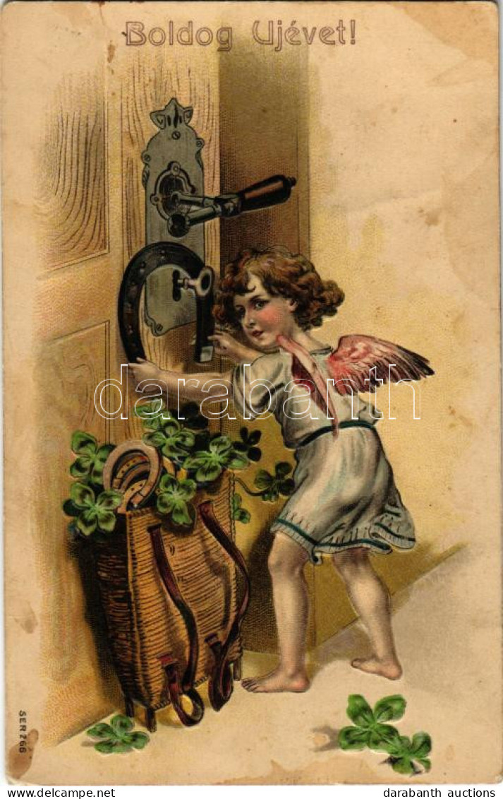 T3 1907 Boldog Újévet / New Year Greeting Art Postcard With Angel, Clovers And Horseshoes. Emb. Litho (fl) - Unclassified