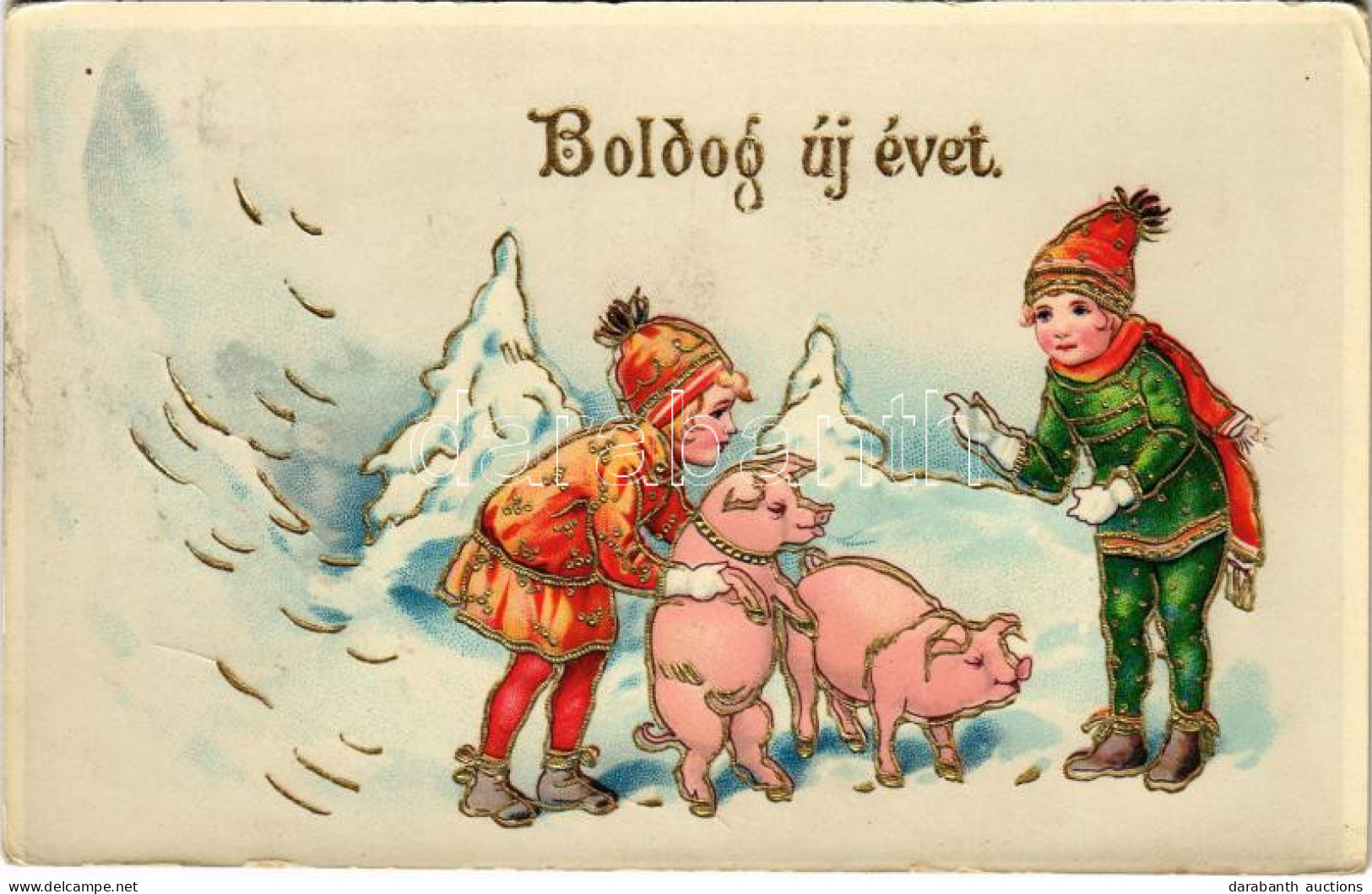 T2/T3 1929 Boldog új évet! Gyerekek Malacokkal / New Year Greeting, Children With Pigs. HWB Ser. 1263. Golden Decorated, - Non Classés