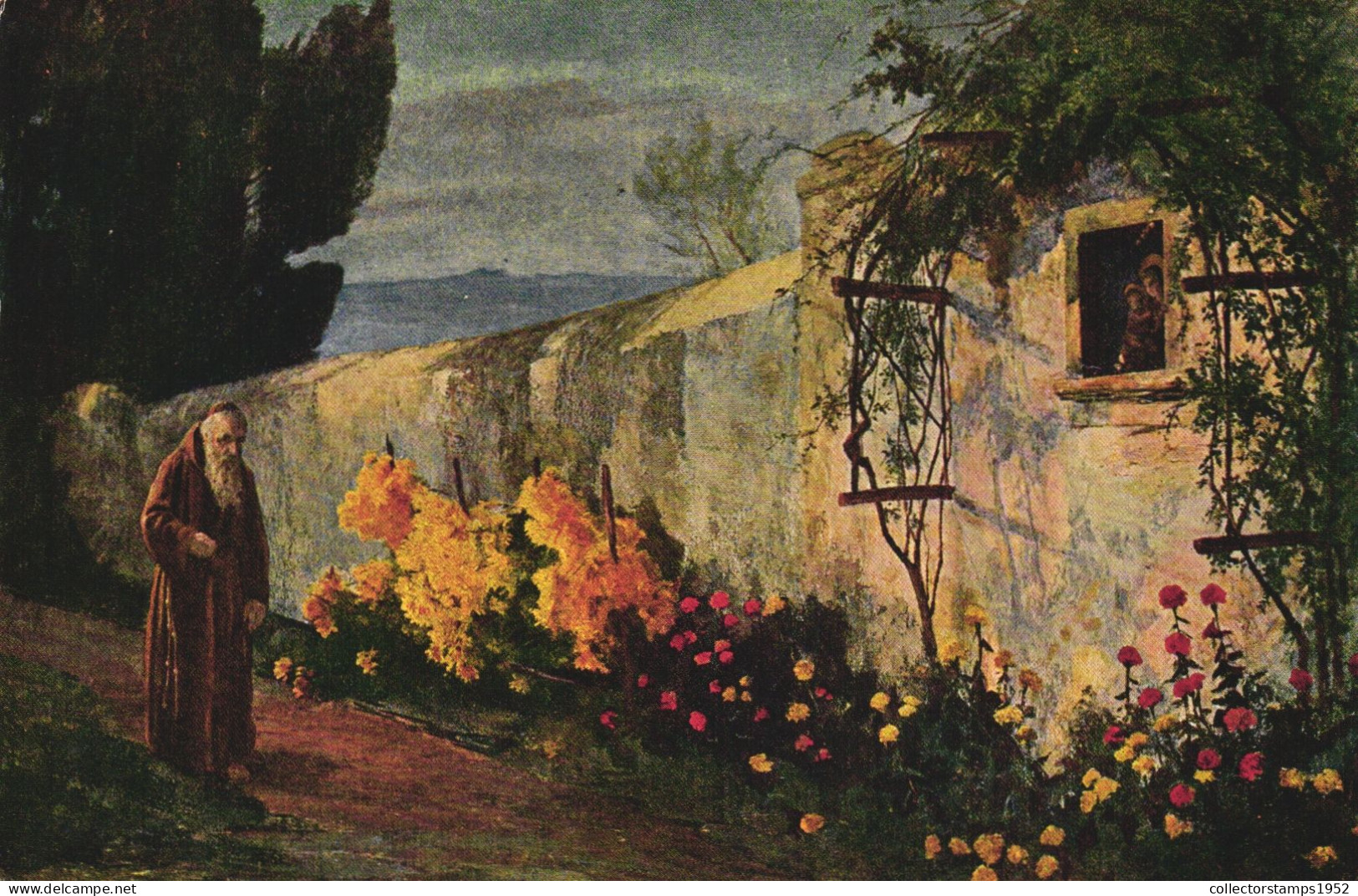 PAINTING, FINE ARTS, ARCHITECTURE, E. HAUSMANN, EVENING PEACE, MONK, SWITZERLAND, POSTCARD - Malerei & Gemälde