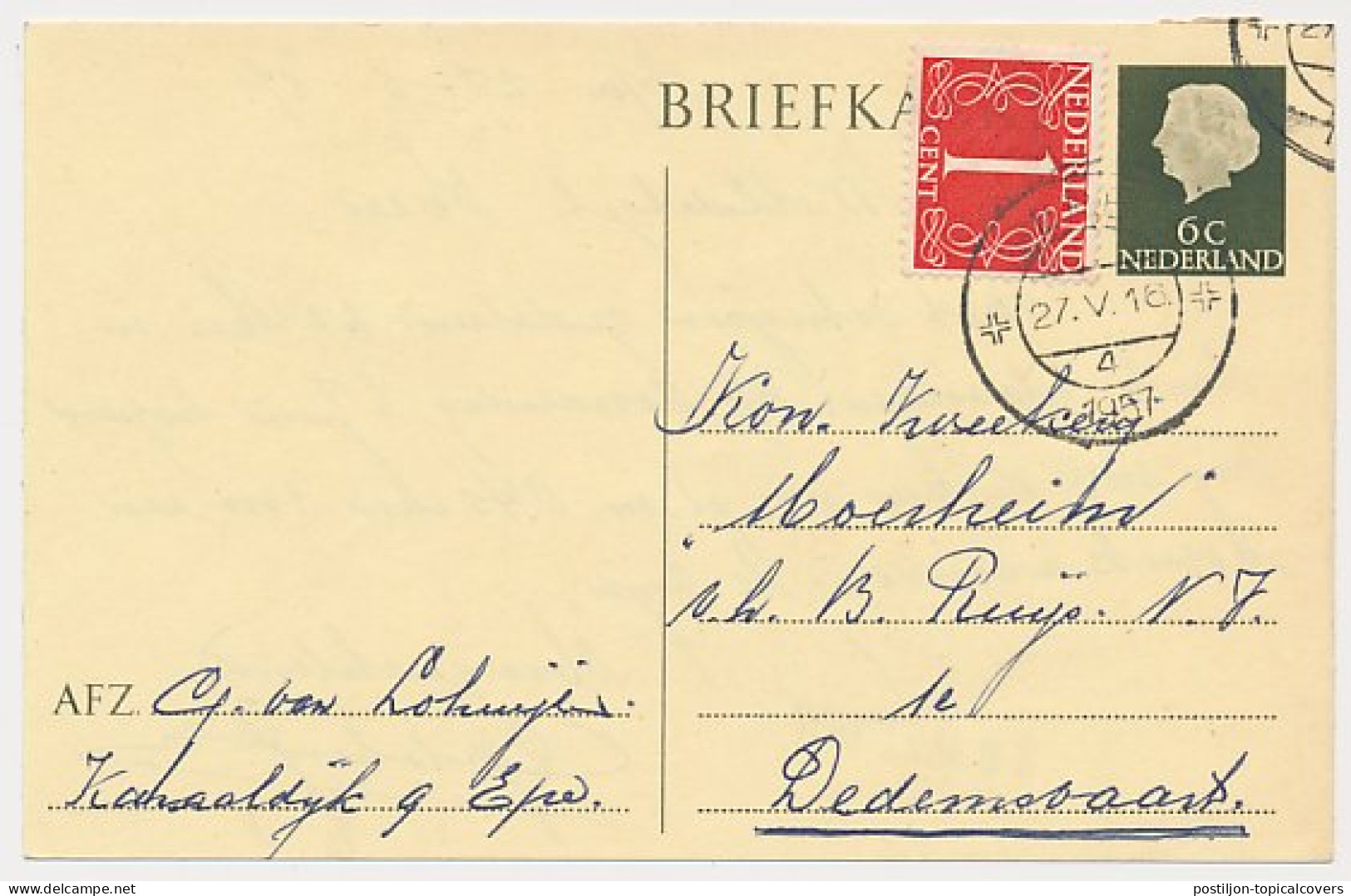 Briefkaart G. 313 / Bijfrankering Epe - Dedemsvaart 1957 - Ganzsachen