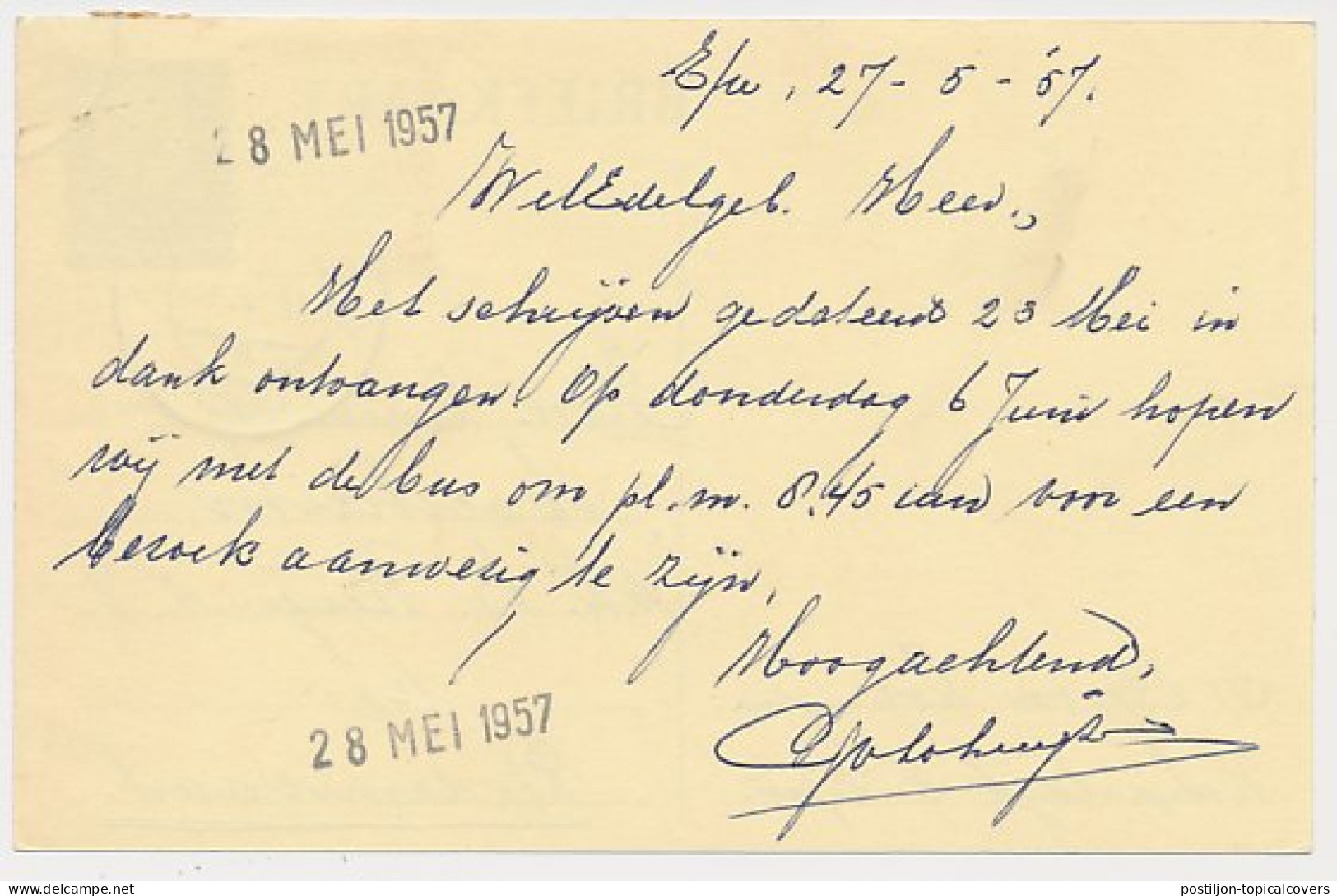 Briefkaart G. 313 / Bijfrankering Epe - Dedemsvaart 1957 - Postwaardestukken