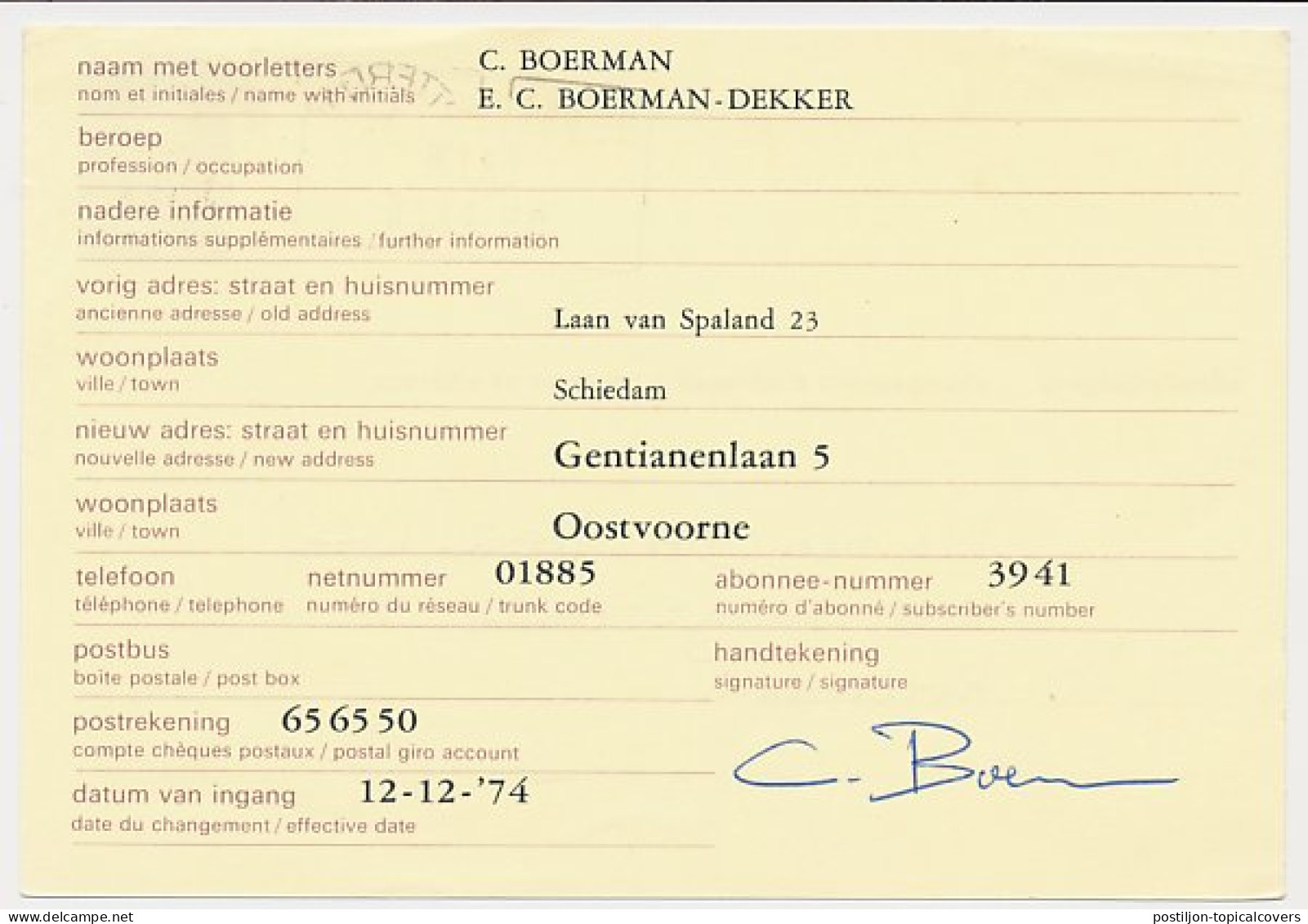 Verhuiskaart G. 39 Particulier Bedrukt Schiedam 1974 - Entiers Postaux