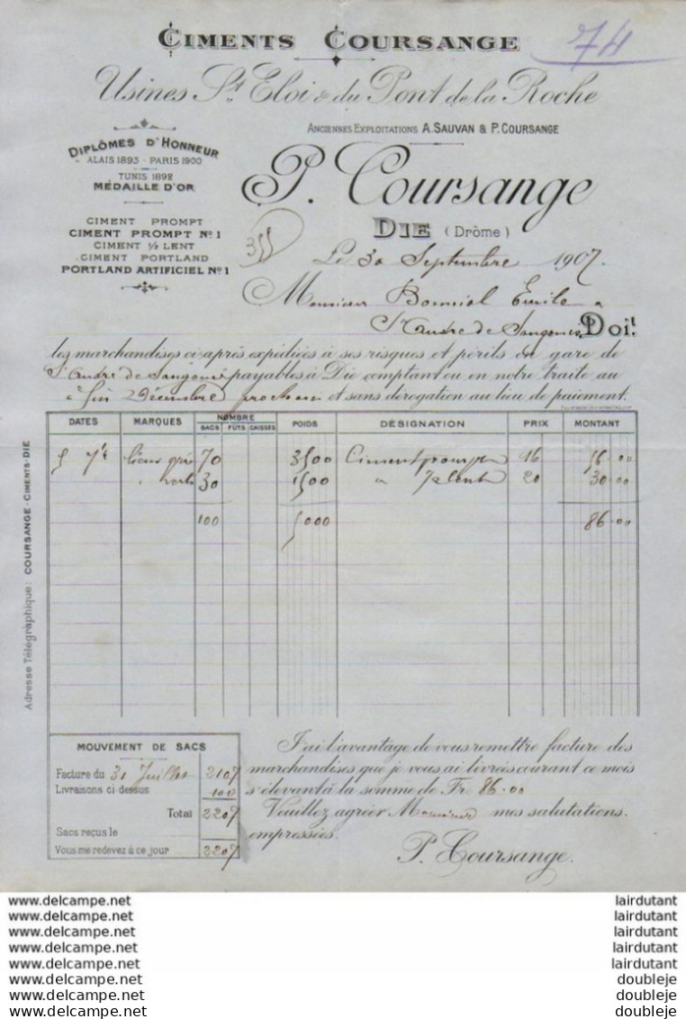 CIMENTS P.COURSANGE à DIE - DRÔME  .......... FACTURE   DE 1907 - Sonstige & Ohne Zuordnung