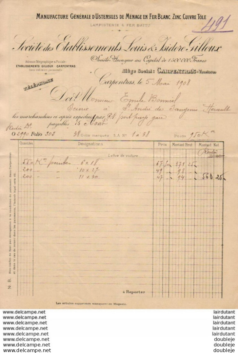 USTENSILES DE MÉNAGE EN FER BLANC à CARPENTRAS ( VAUCLUSE )  .......... FACTURE DE 1908 - Other & Unclassified