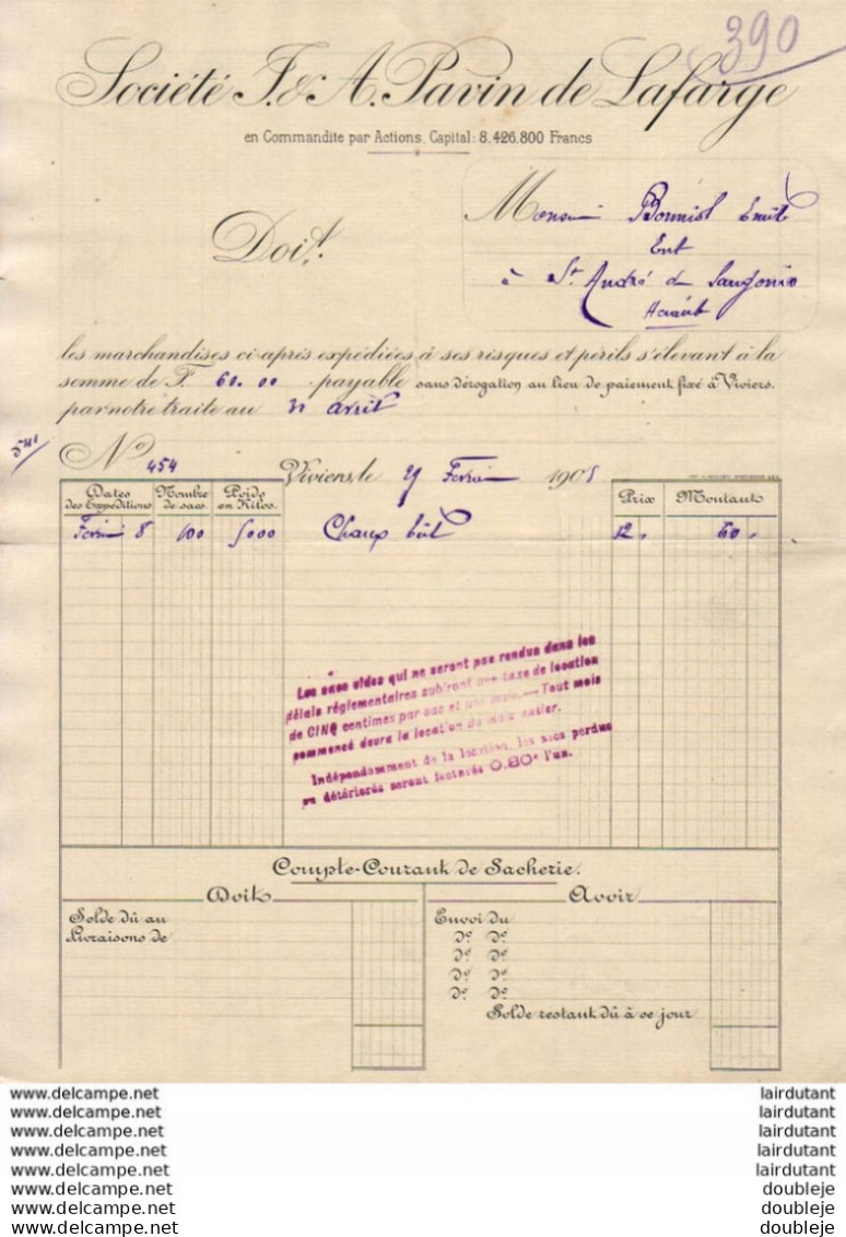 SOCIÉTÉ J ET A PAVIN DE LAFARGE à VIVIERS (  ) .......... FACTURE DE 1908 - Otros & Sin Clasificación