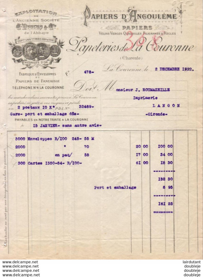 PAPIERS D'ANGOULÊME PAPETERIE DE LA COURONNE  .......... FACTURE DE 1922 - Printing & Stationeries