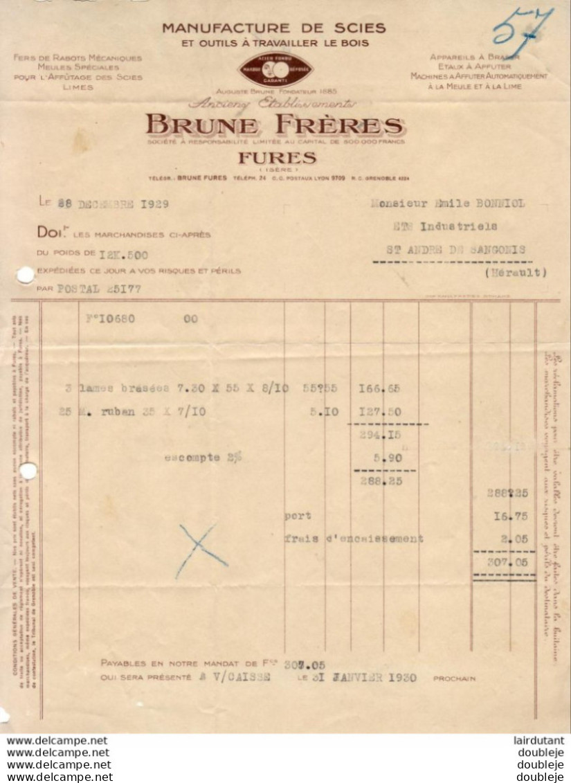 BRUNE FRÈRES ...FURES ..ISÈRES.. FACTURE DE 1929 ....MANUFACTURE DE SCIES - 1900 – 1949