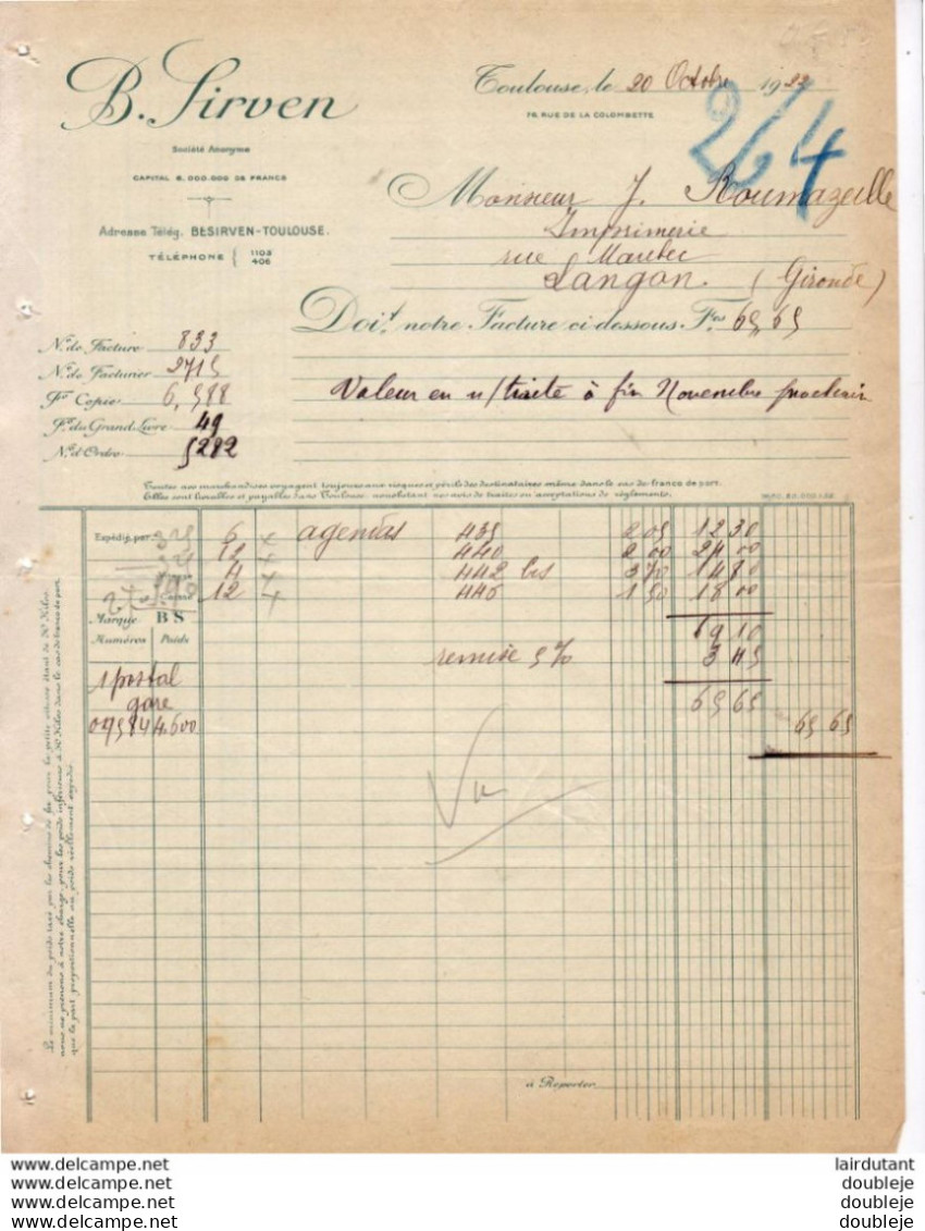 B.SIRVEN.....TOULOUSE .... FACTURE DE 1922  .... - Printing & Stationeries