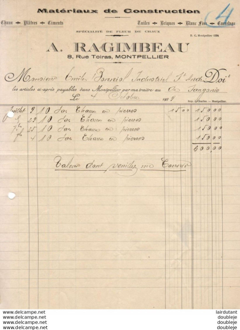 A. RAGIMBEAU.....MONTPELLIER....FACTURE DE 1929 ... MATÉRIAUX DE CONSTRUCTION ... - Old Professions