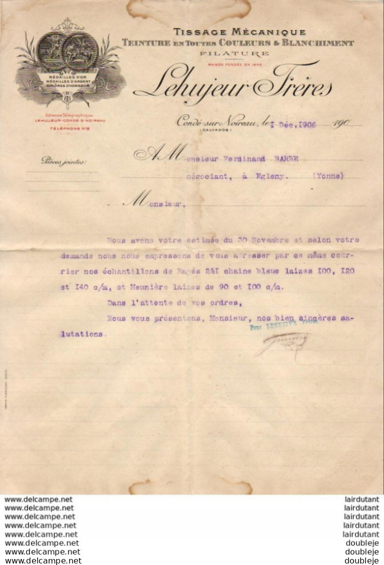 TISSAGE MECANIQUE LEHUJEUR FRERES A CONDÉ SUR NOIREAU   .......... CORRESPONDANCE COMMERCIALE DE 1906 - Kleidung & Textil