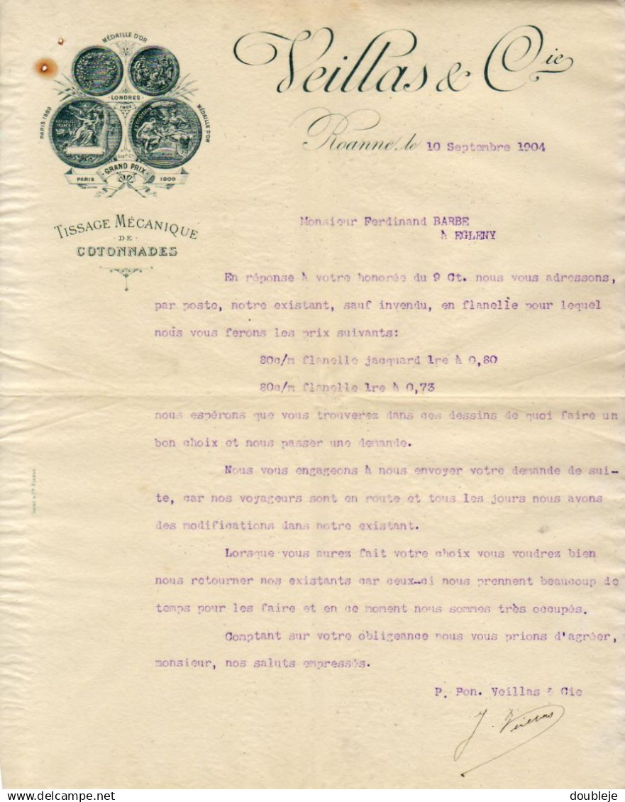 TISSAGES MECANIQUE VEILLAS ET CIE A ROANNE   .......... CORRESPONDANCE COMMERCIALE DE 1904 - Textile & Clothing