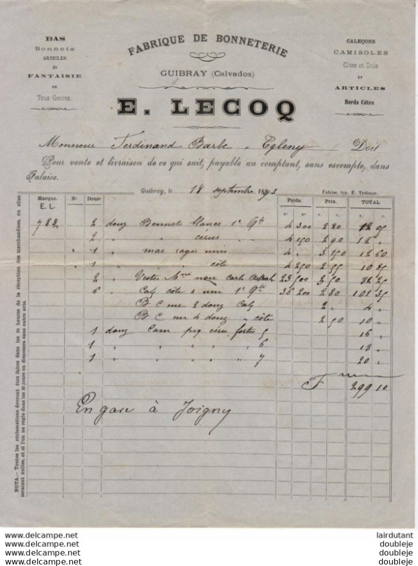 Fabrique De Bonneterie E.LECOQ à GUIBRAY  Calvados     ....FACTURE DE 1893  ........... 2 PAGES - Kleidung & Textil