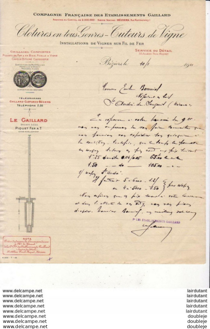 TUTEURS DE VIGNE LE GAILLARD à BÉZIERS ( HÉRAULT ) .......... FACTURE DE 1911 - Agriculture