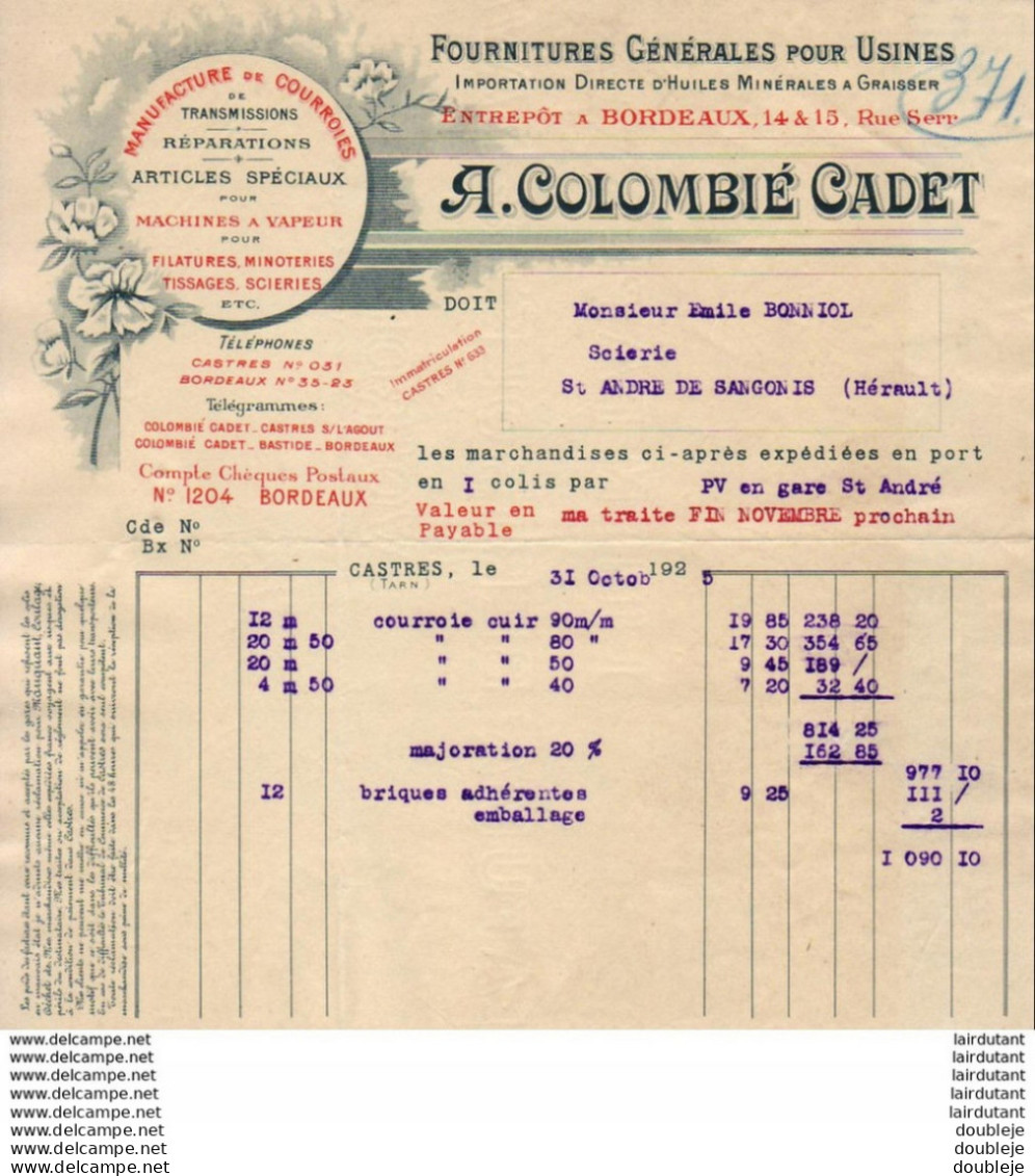 FOURNITURES GENERALES COLOMBIE CADET à CASTRES......... FACTURE  DE 1925 - Sonstige & Ohne Zuordnung