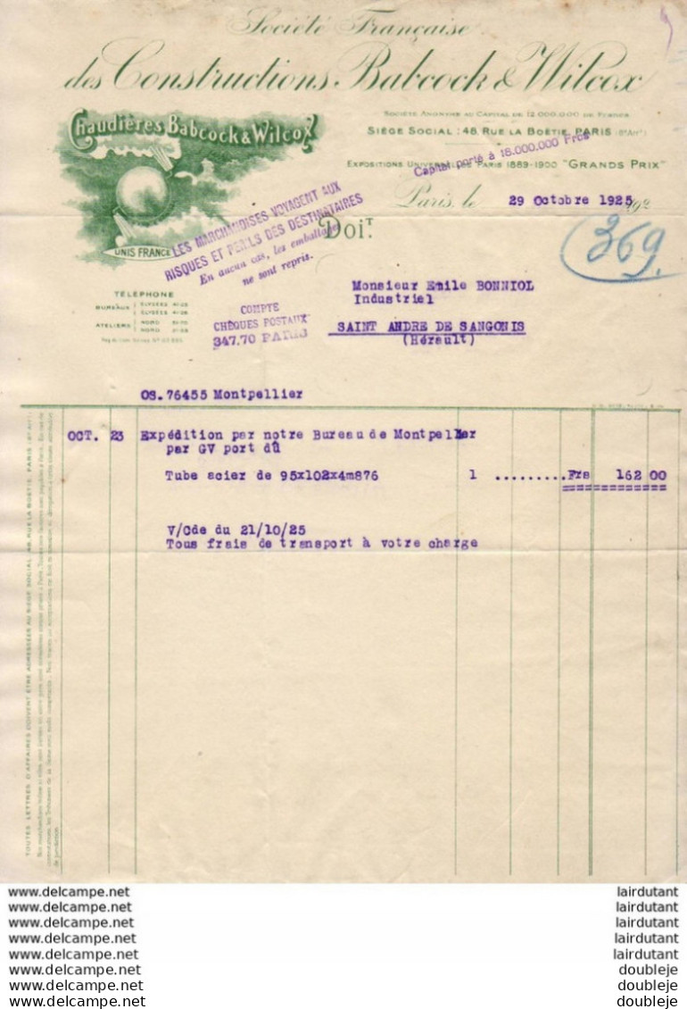 CHAUDIERES BABCOCK WILCOX à PARIS ......... FACTURE  DE 1925 - Andere & Zonder Classificatie