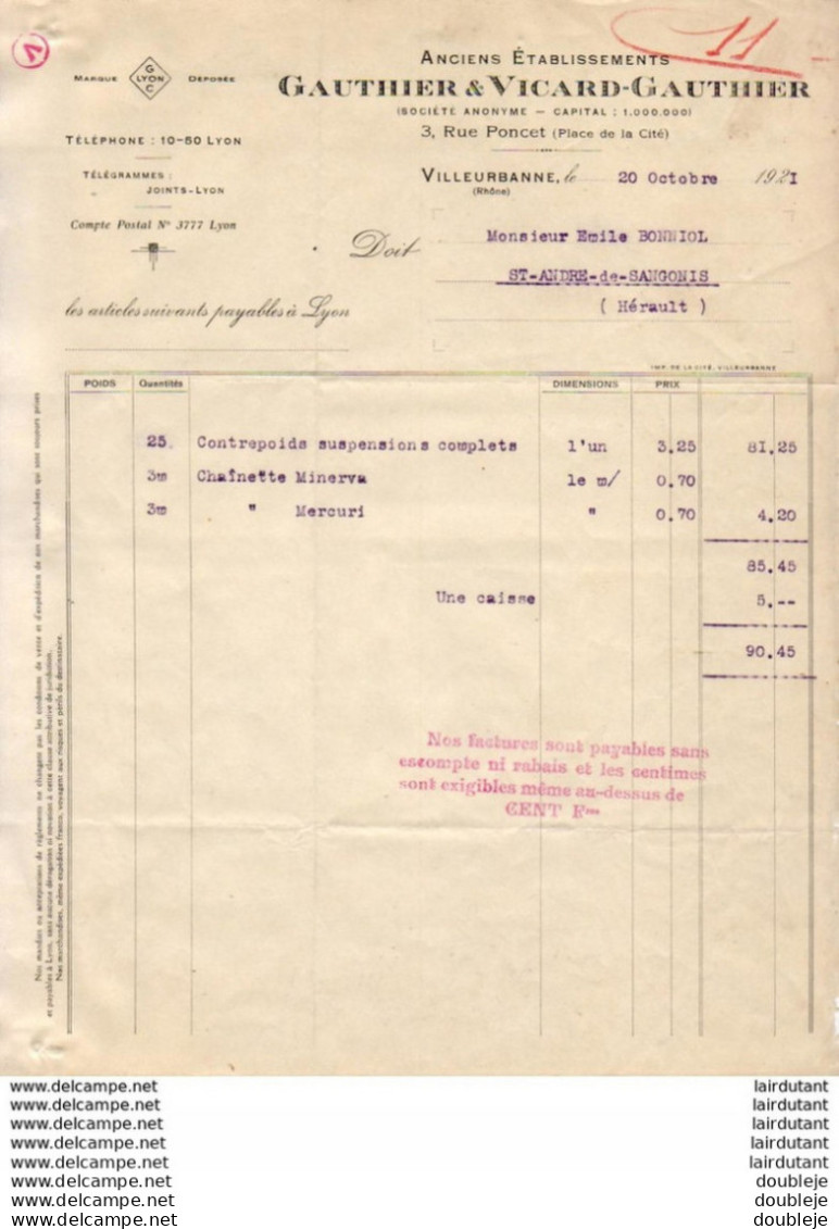 GAUTHIER &amp; VICARD GAUTHIER à VILLEURBANNE .......... CORRESPONDANCE COMMERCIALE DE 1921 - Sonstige & Ohne Zuordnung