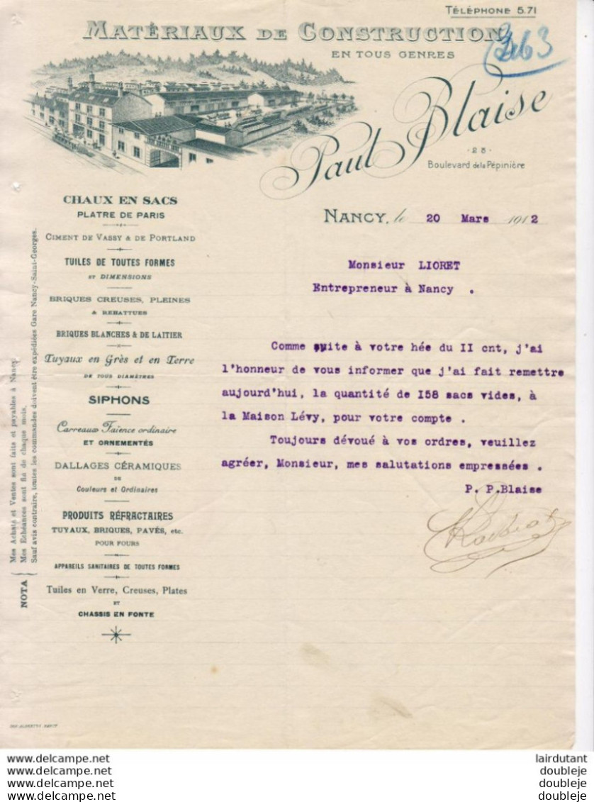 MATÉRIAUX DE CONSTRUCTION PAUL BLAISE À NANCY   .......... CORRESPONDANCE COMMERCIALE DE 1912 - Other & Unclassified