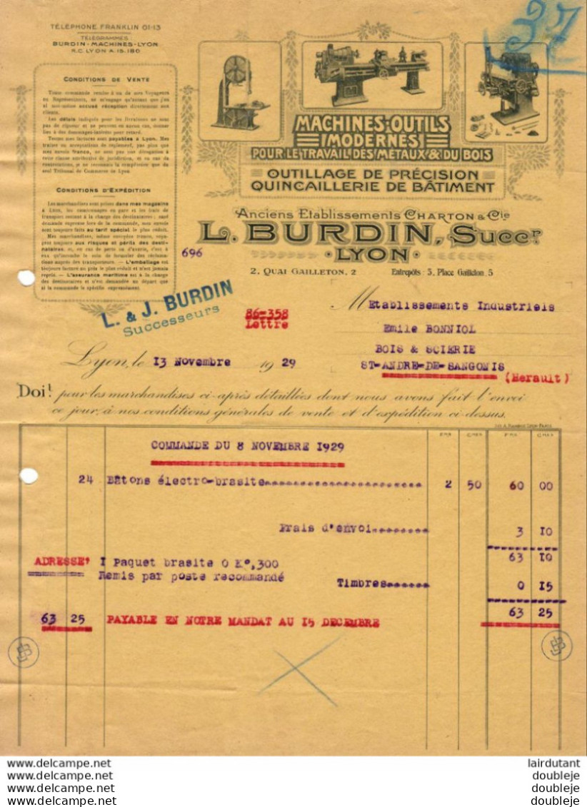 L.BURINDIN SUCCESSEUR ...LYON.........FACTURE DE 1929 ... MACHINES OUTILS POUR LE TRAVAIL DES MÉTAUX ET DU BOIS - 1900 – 1949