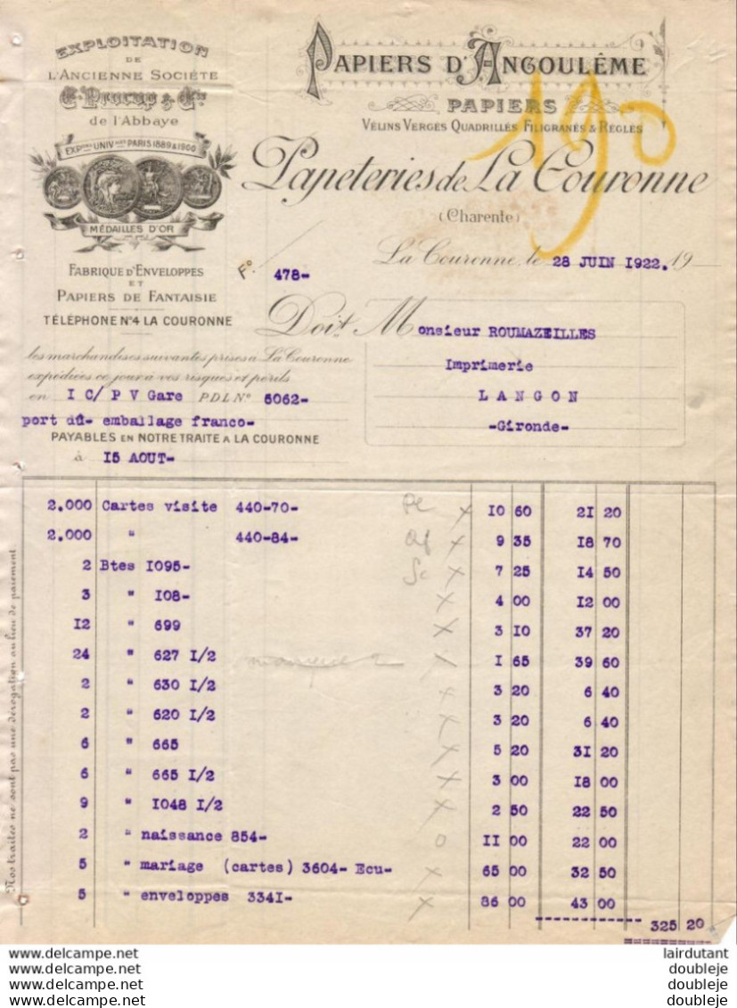 PAPETERIE DE LA COURONNE.....CHARENTE ...PAPIERS D'ANGOULÈME.. FACTURE DE 1922  .... - Imprimerie & Papeterie