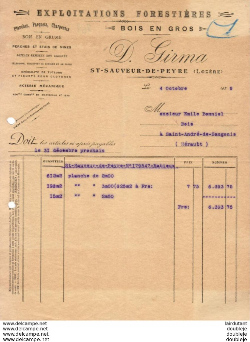 D.GIRMA ....HÉRAULT......FACTURE DE 1929... PLANCHES.... PARQUETS.... CHARPENTES... SCIERIE MÉCANIQUE - Petits Métiers