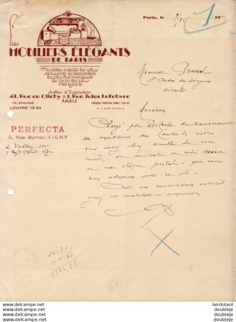 LES MOBILIERS ÉLÉGANTS DE PARIS ....FACTURE DE 1929 ..... - Petits Métiers