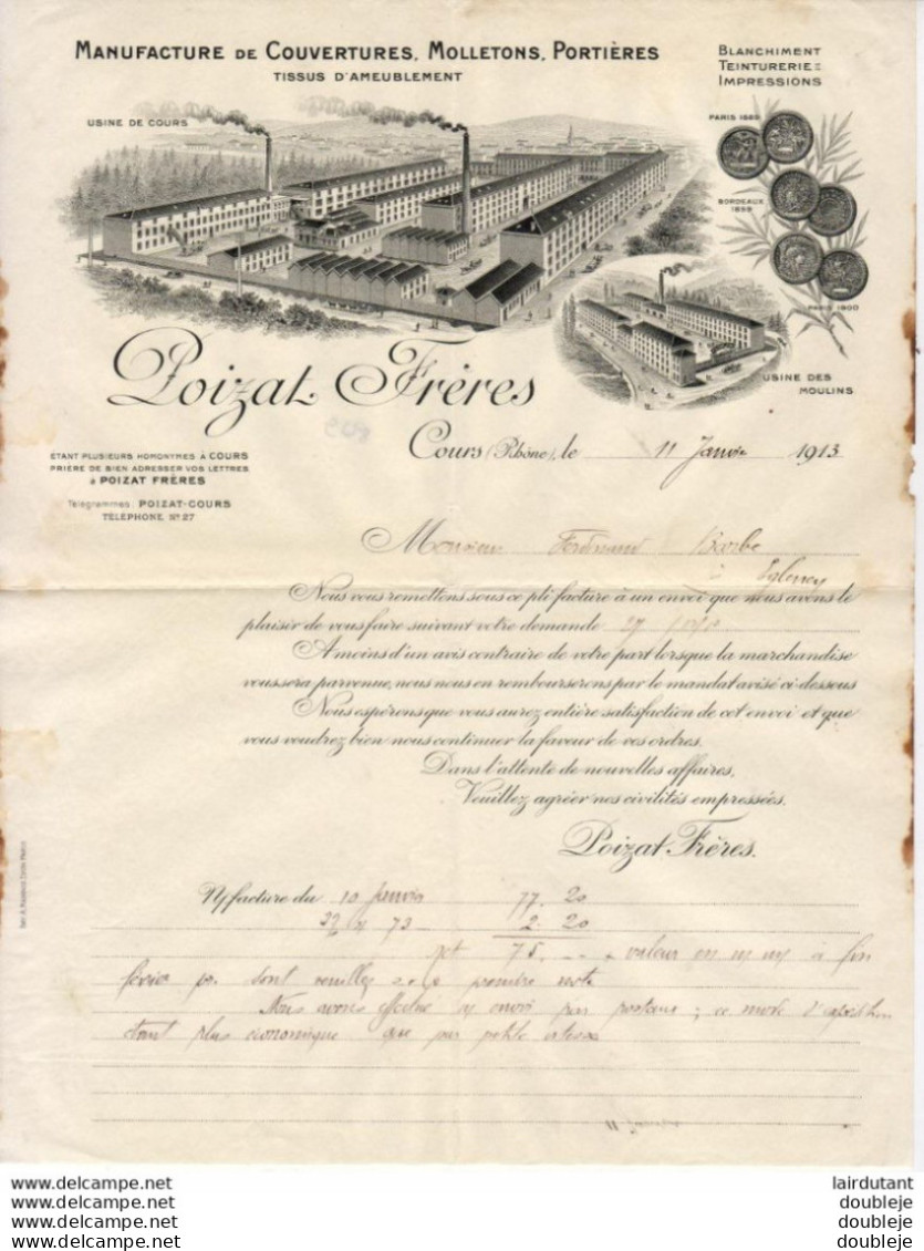 MANUFACTURE DE COUVERTURES POIZAT FRÈRES à COURS ( Rhône )      ...  CORRESPONDANCE COMMERCIALE DE 1913 - Kleidung & Textil