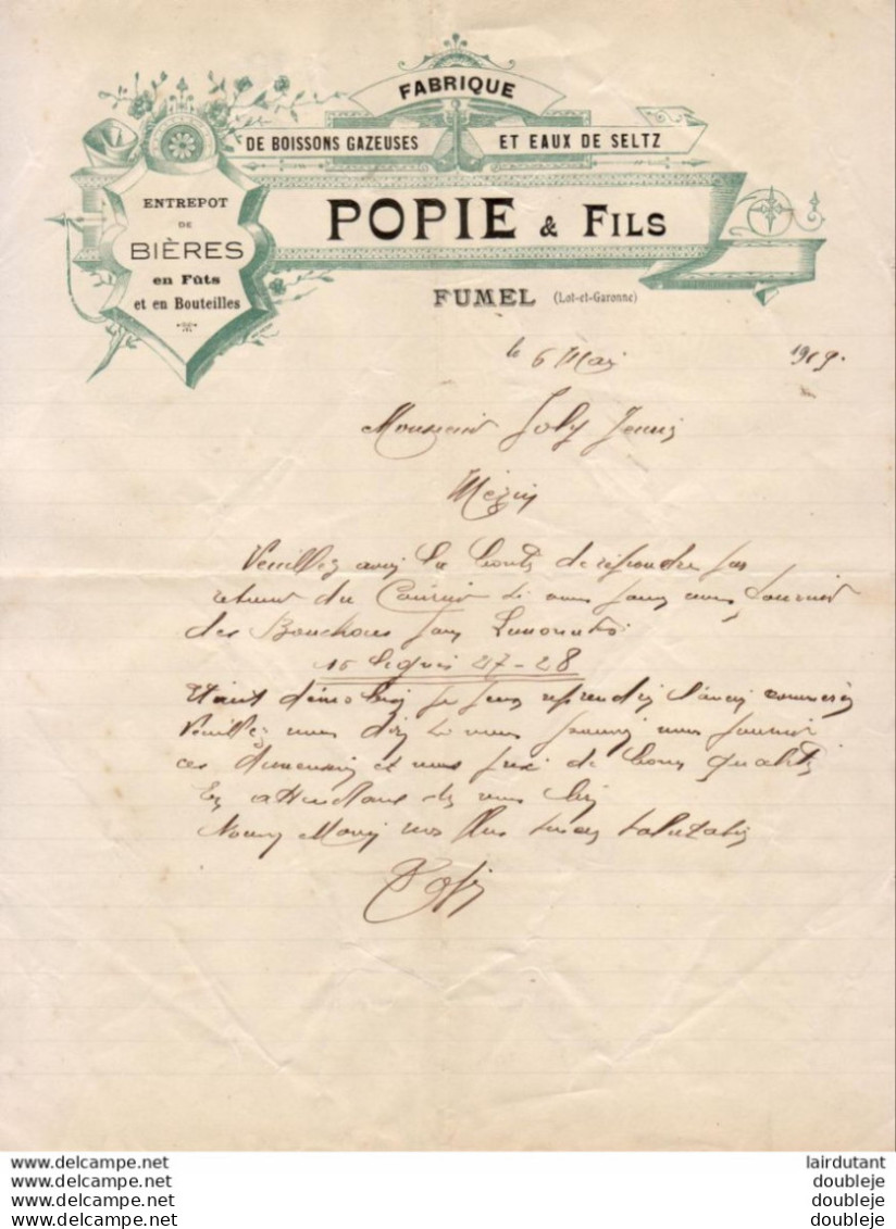 POPIE & FILS...FUMEL..FACTURE DE 1919.....ENTREPOT DE BIÈRES.. FABRIQUE DE BOISSONS GAZEUSES - Petits Métiers