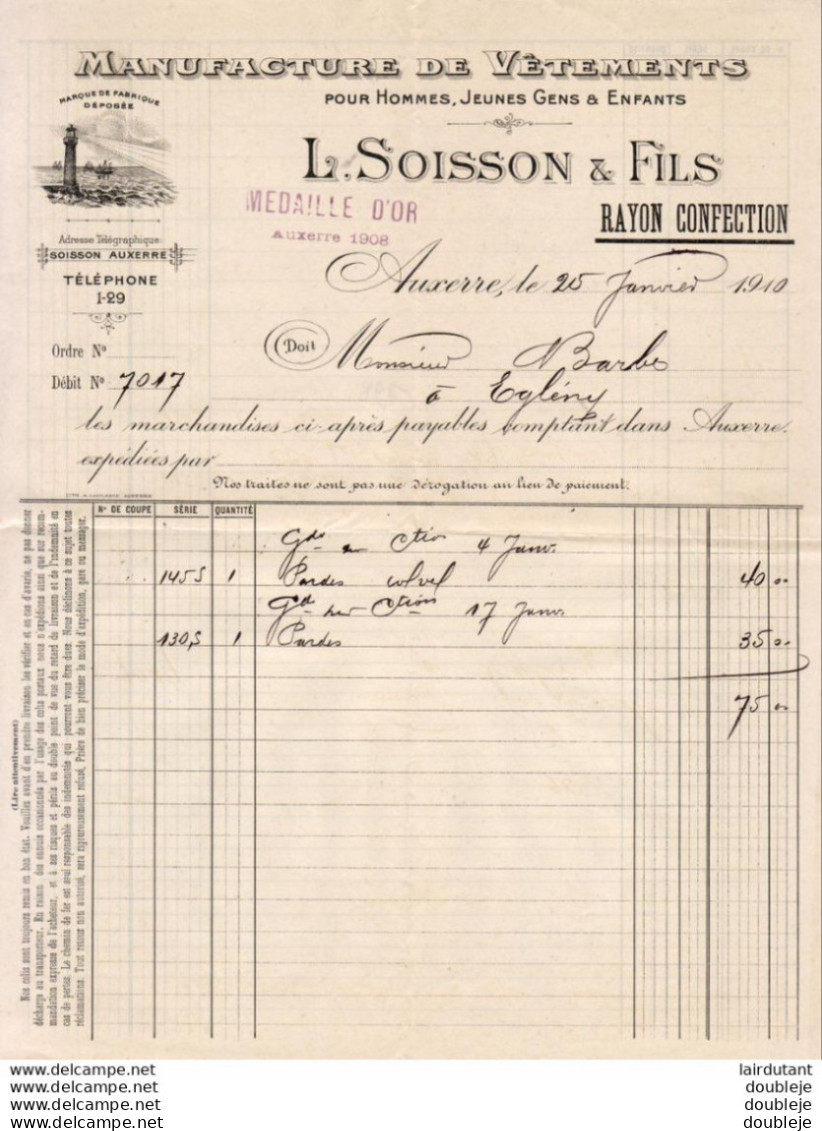 Manufacture De Vêtements L.SOISSON à AUXERRE  ....FACTURE DE 1910 - Textile & Vestimentaire