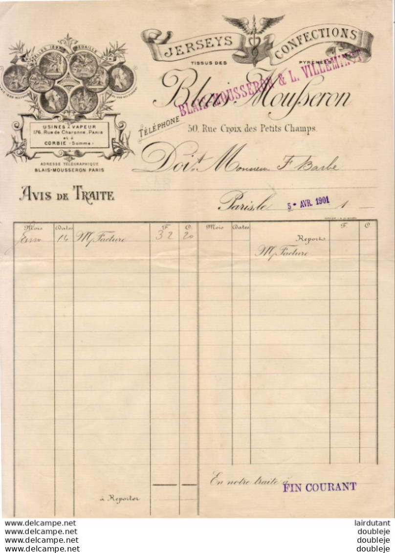 JERSEYS & CONFECTIONS BLAIS MOUSSERON Rue Croix Des Petits Champs à PARIS     ...   FACTURE DE 1901 - Textile & Vestimentaire
