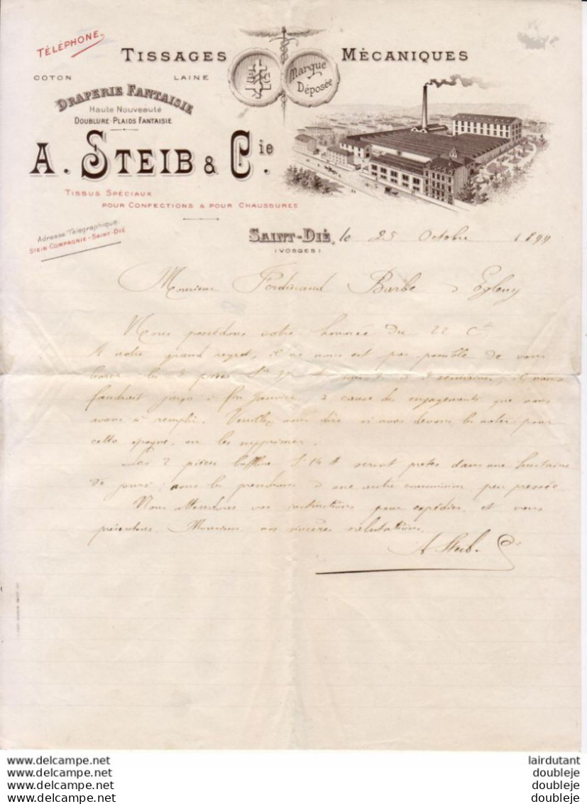 TISSAGES MÉCANIQUES A.STEIB & Cie à SAINT DIÉ      ...  CORRESPONDANCE COMMERCIALE DE 1899 - Kleidung & Textil