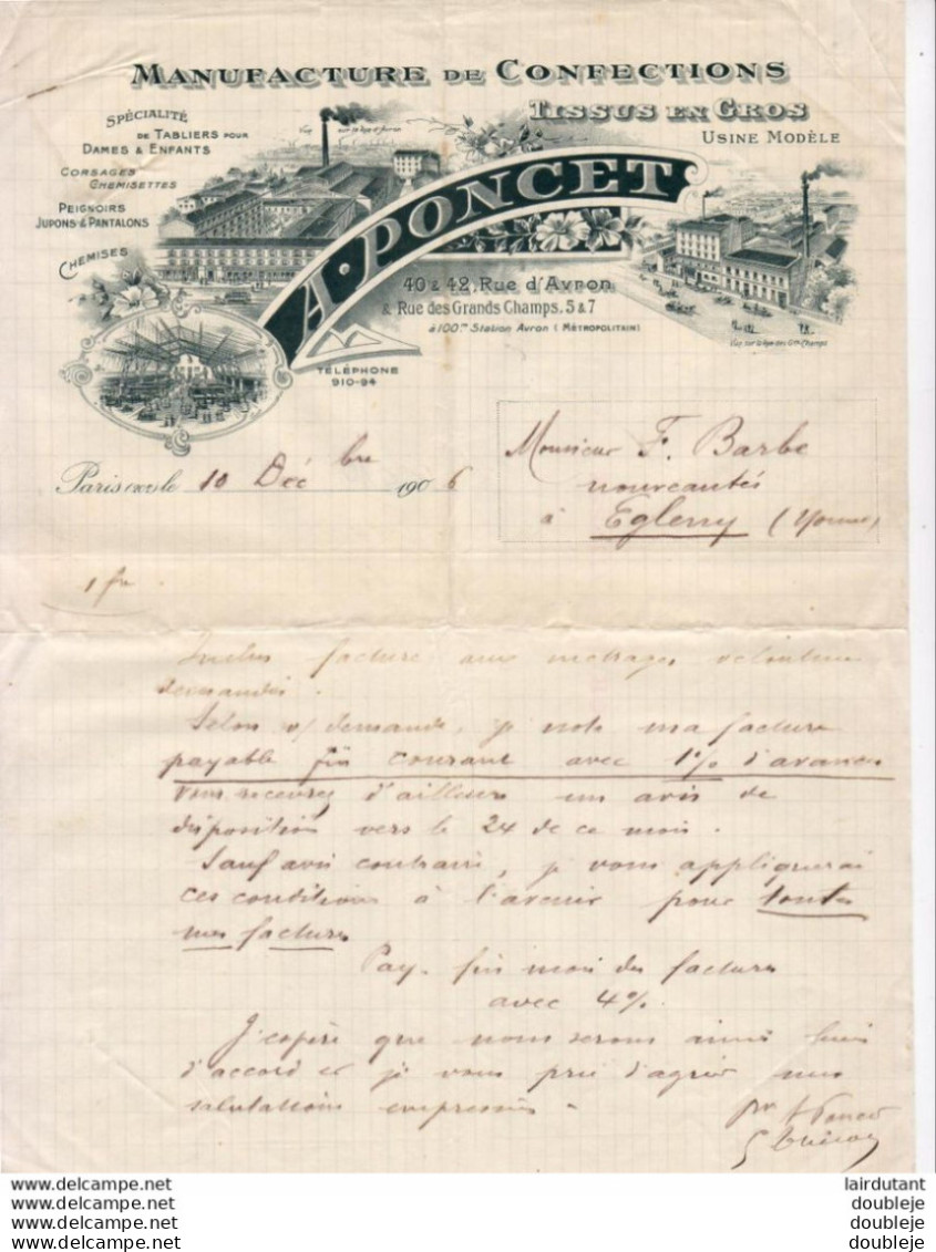MANUFACTURE DE CONFECTIONS A.PONCET à PARIS ( 20 ème )      ...  CORRESPONDANCE COMMERCIALE DE 1906 - Kleidung & Textil