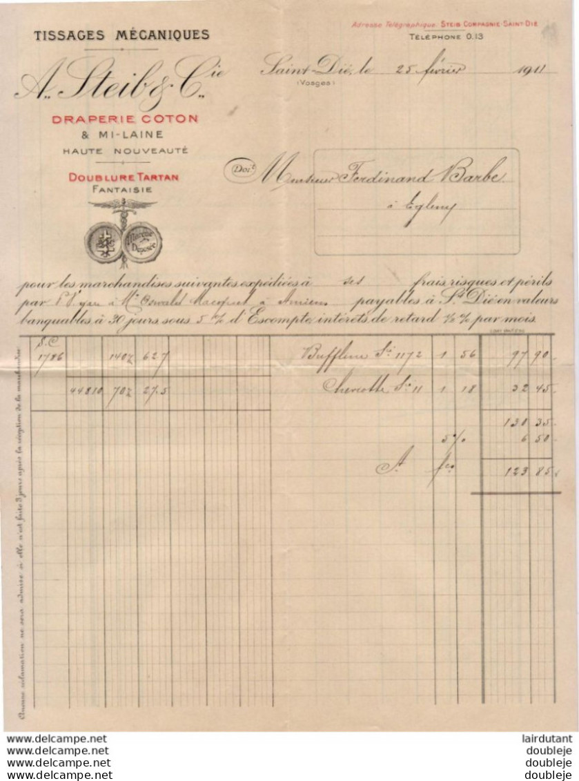 TISSAGES MÉCANIQUES A.STEIB & Cie à SAINT DIÉ      ....FACTURE DE 1911  ..........FEUILLE DOUBLE - Textile & Vestimentaire