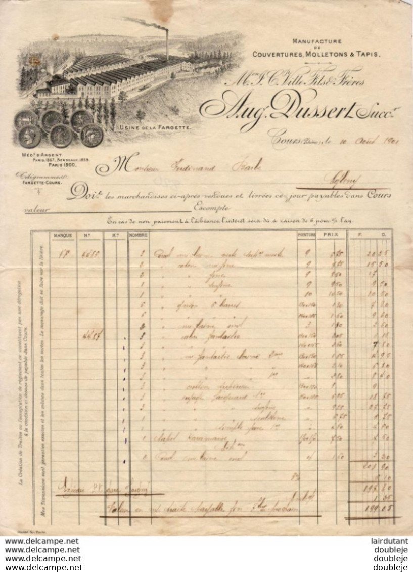 MANUFACTURE DE COUVERTURES AUG.DUSSERT à COURS ( Rhône )      ...   FACTURE DE 1907 - Kleidung & Textil