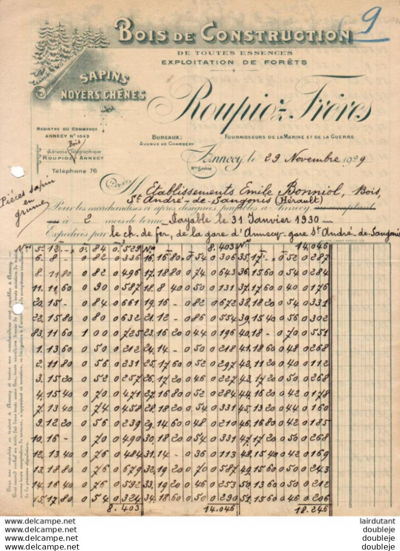 ROUPIOZ FRÈRES....ANNECY....FACTURE DE 1929 ... BOIS DE CONSTRUCTION... - Verkehr & Transport