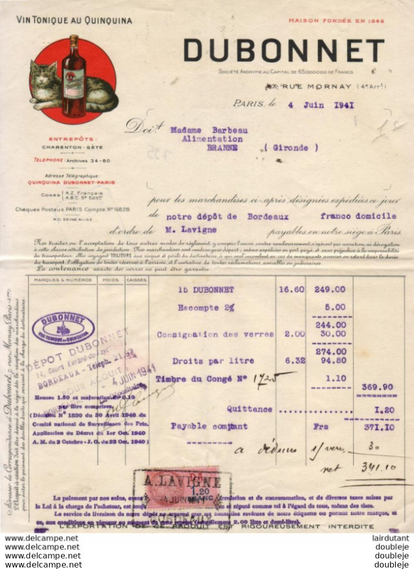 DUBONNET ..PARIS.....VIN TONIQUE AU QUINQUINA .... FACTURE DE 1941 ..... - Lebensmittel