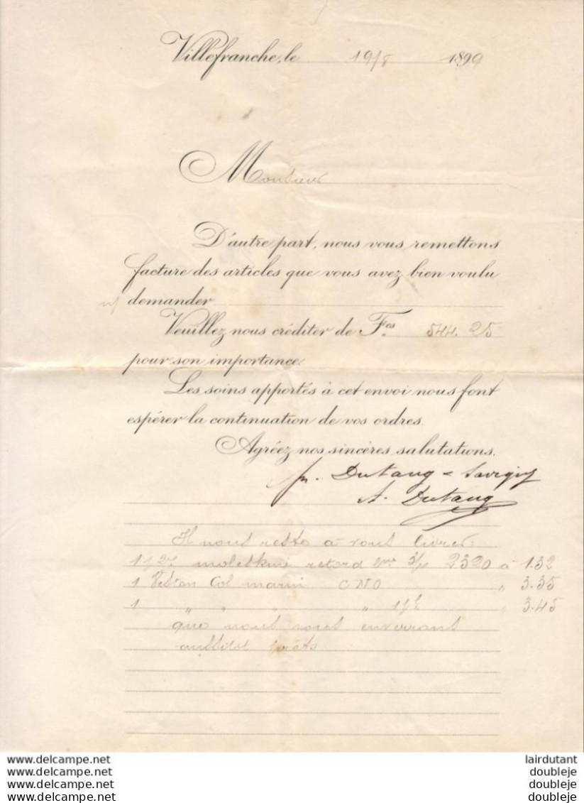 DOUBLURES DUTANG & SAVIGNY à VILLEFRANCHE ( Rhône )     ...   FACTURE DE 1899 ..........  FEUILLE DOUBLE - Kleidung & Textil