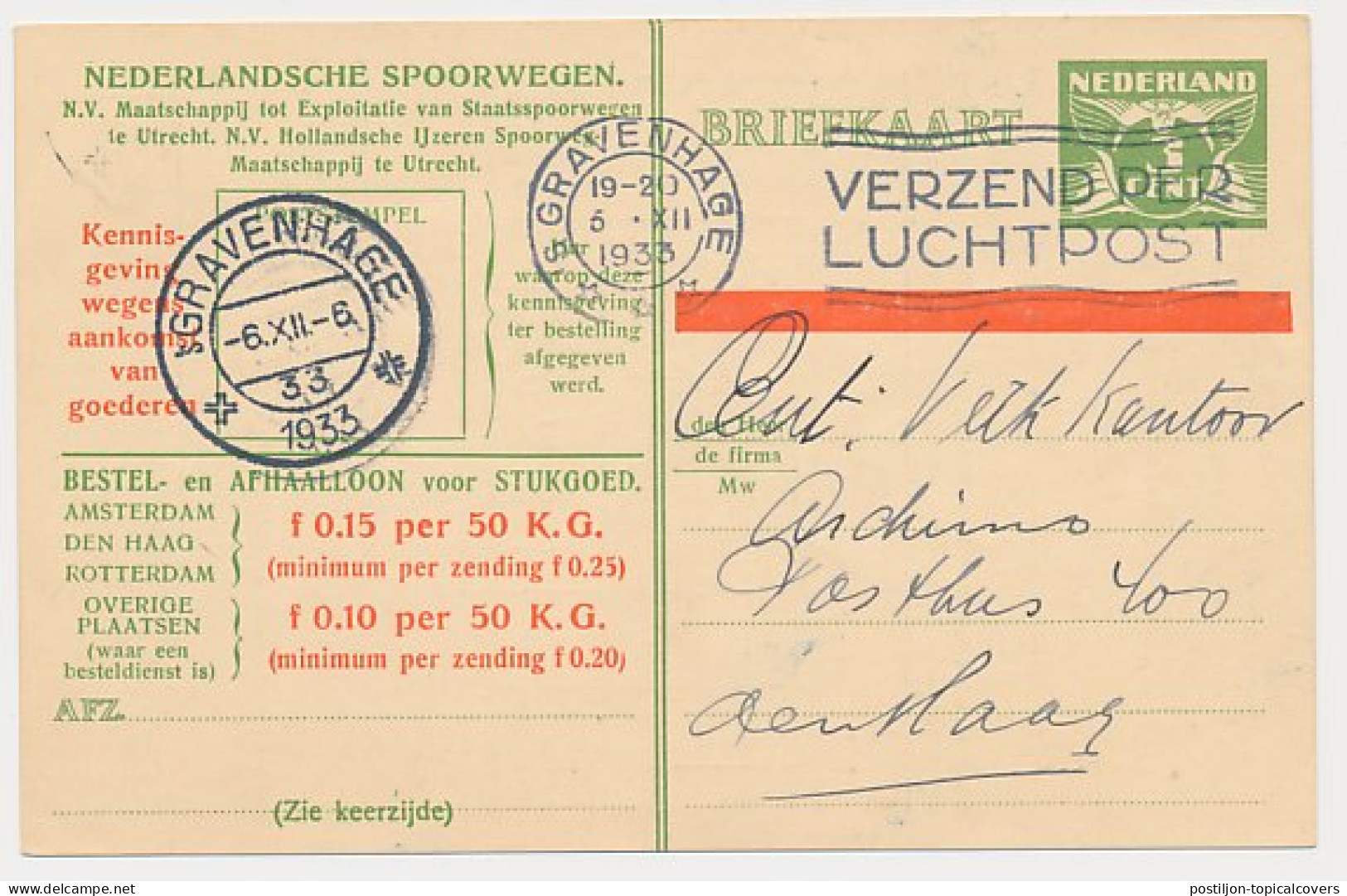 Spoorwegbriefkaart G. NS228 F - Locaal Te Den Haag 1933 - Interi Postali