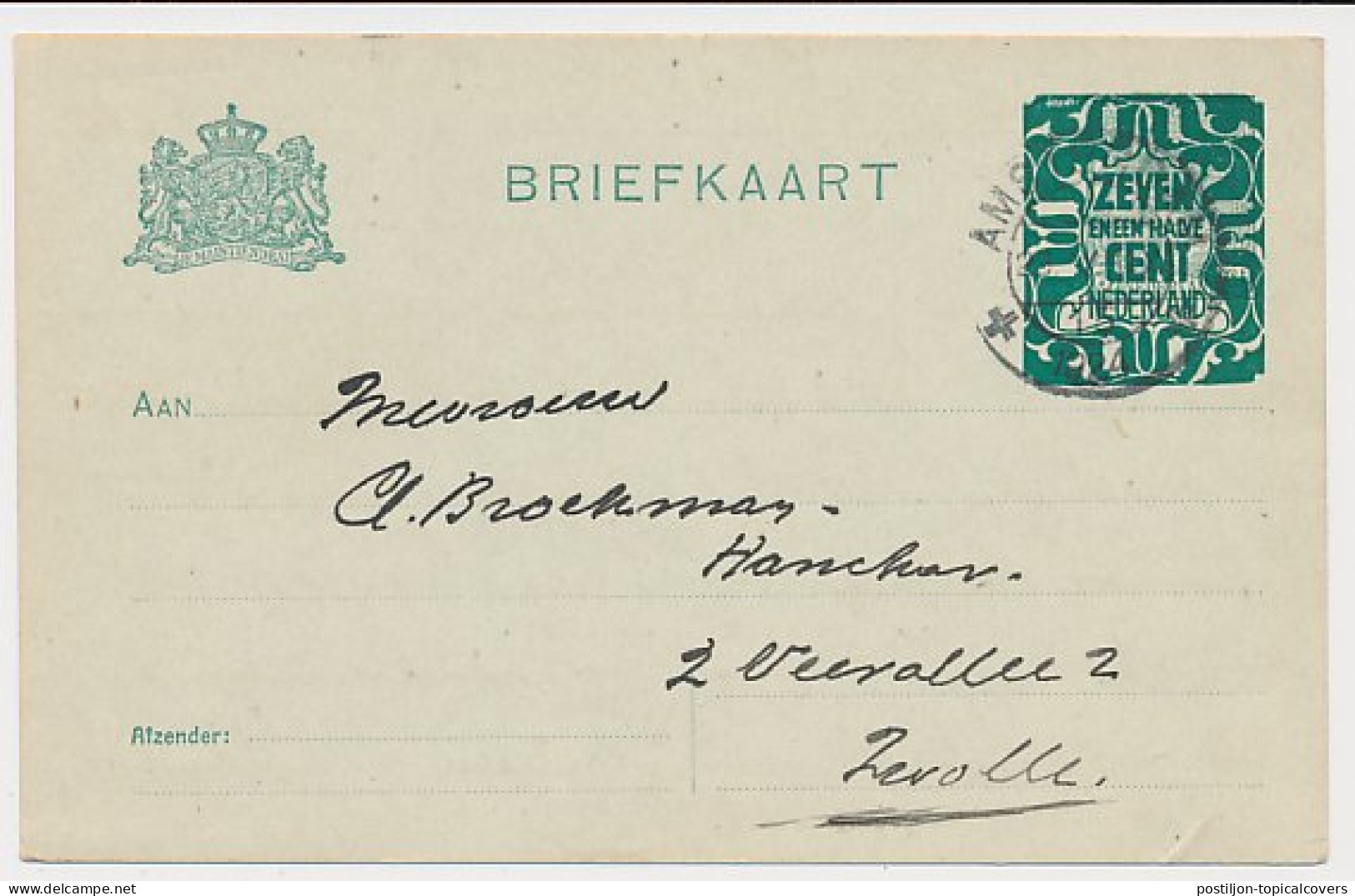 Briefkaart G. 168 A II Amsterdam - Zwolle 1924  - Interi Postali