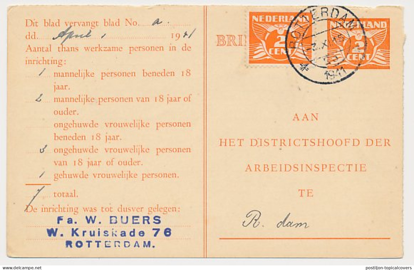 Arbeidslijst G. 17 Locaal Te Rotterdam 1941 - Entiers Postaux