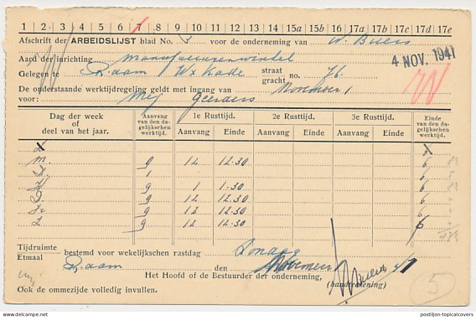 Arbeidslijst G. 17 Locaal Te Rotterdam 1941 - Interi Postali