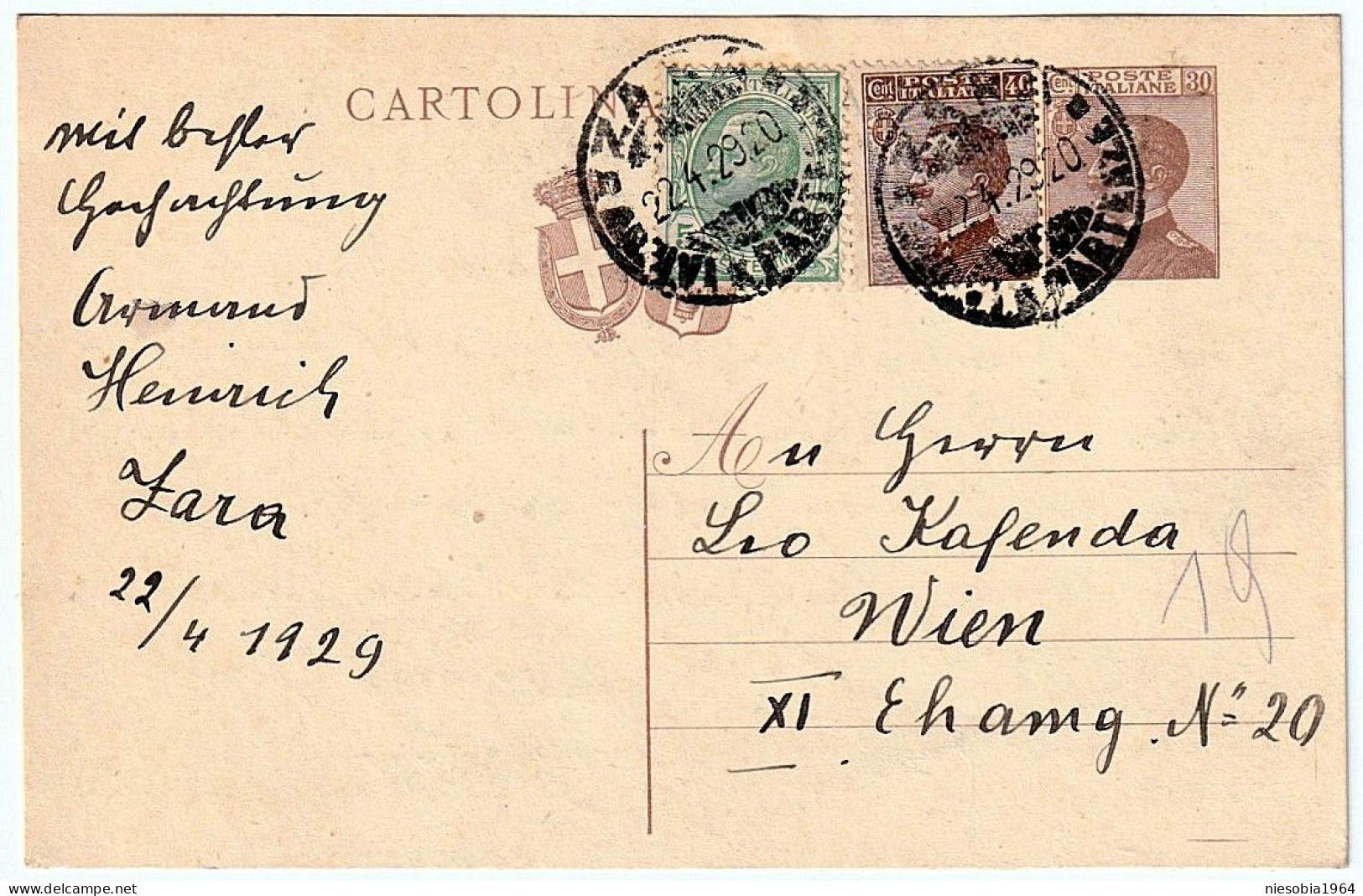Vintage Italian Postcard / Cartolina Italiana III Stamps Seal Zara 22.04.1929 - Entero Postal