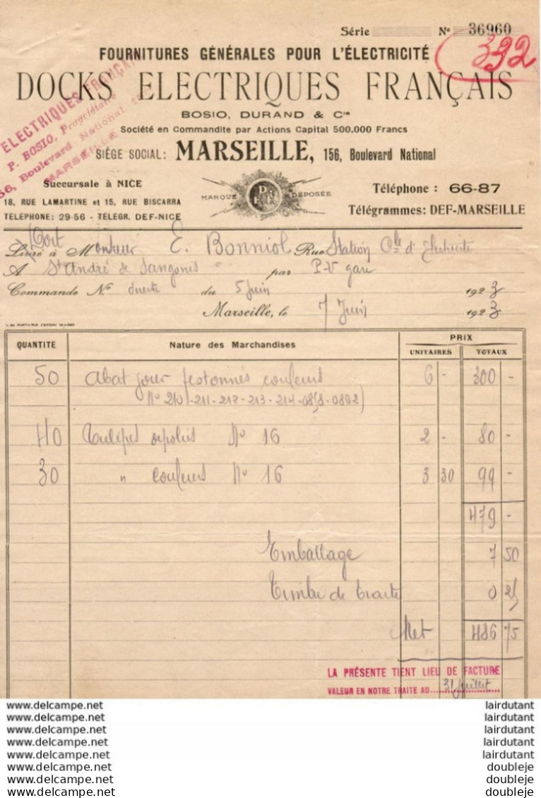 DOCKS ELECTRIQUES FRANÇAIS BOSIO ET DURAND A MARSEILLE      .......... FACTURE DE 1923 - Elektrizität & Gas