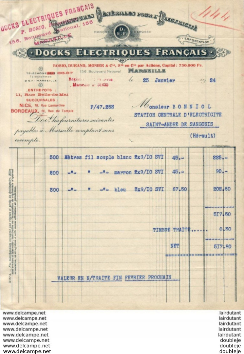 DOCKS ELECTRIQUES FRANÇAIS A MARSEILLE BOULEVARD NATIONAL    .......... FACTURE DE 1924 - Elektrizität & Gas