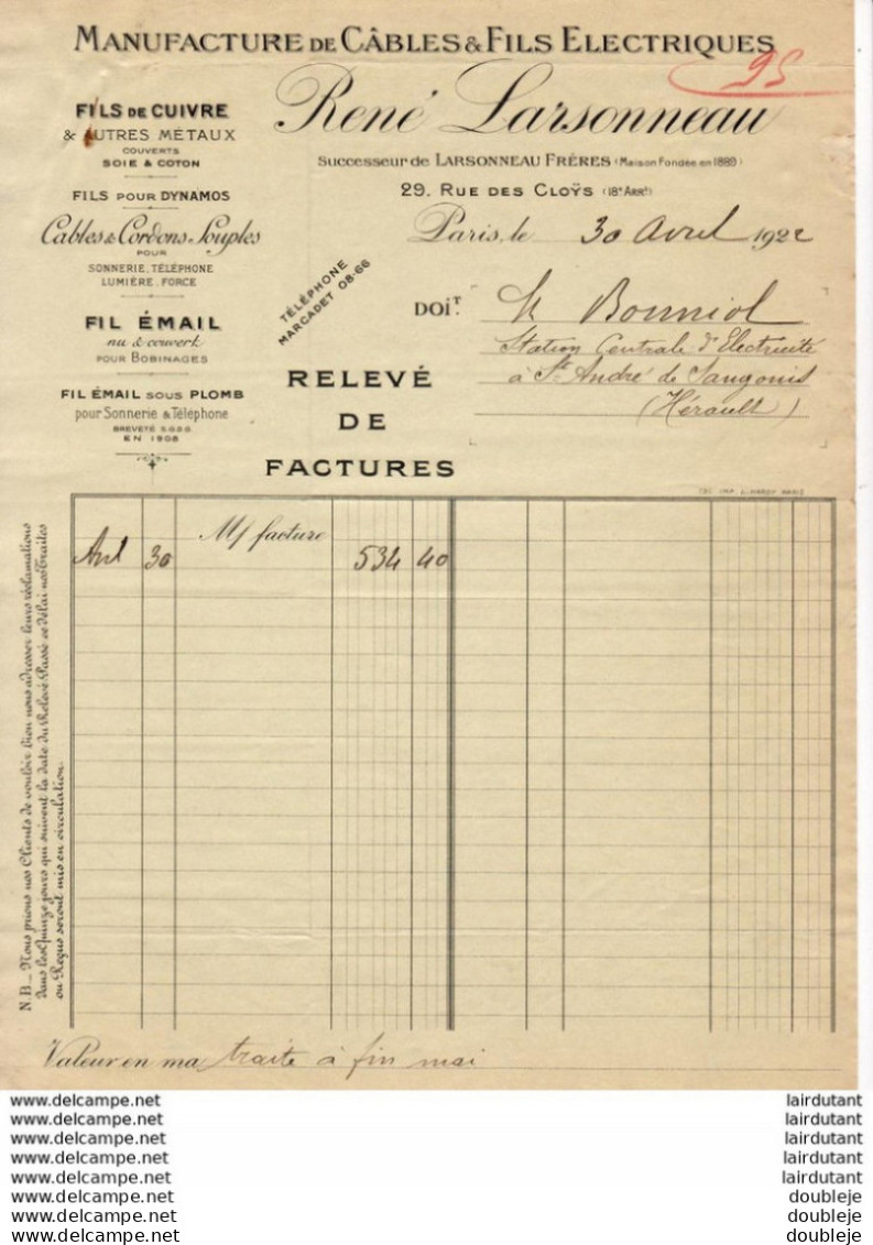 MANUFACTURE DE CABLES ELECTRIQUES RENE LARSONNEAU RUE DES CLOYS PARIS 18 ème     .......... FACTURE DE 1922 - Electricité & Gaz