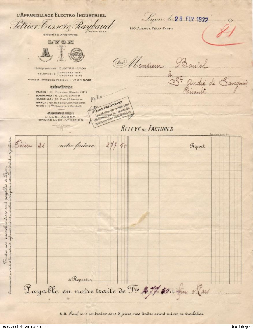 APPAREILLAGE ELECTRO INDUSTRIEL PETRIER TISSOT ET RAYBAUD A LYON    .......... FACTURE DE 1922 - Electricité & Gaz
