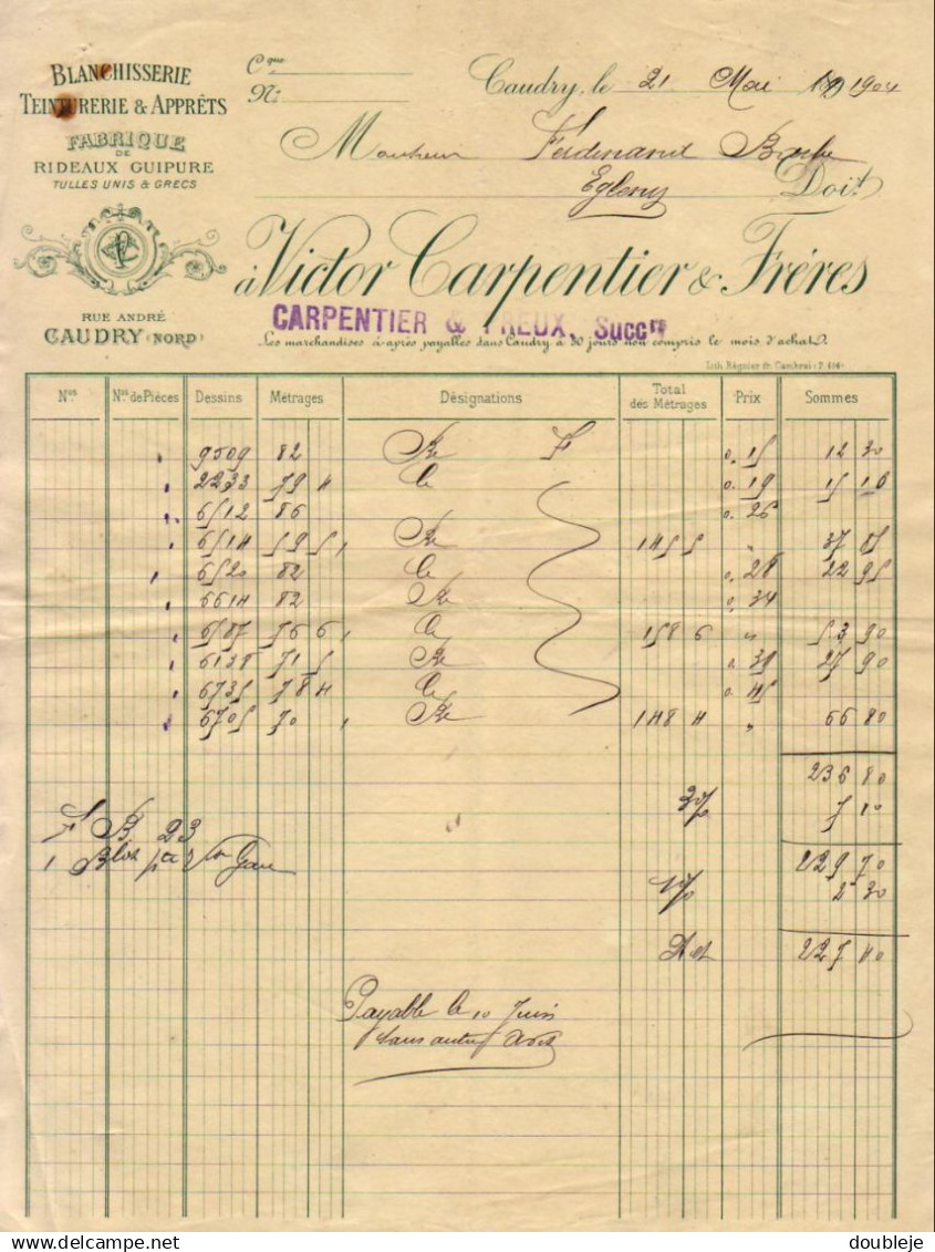 BLANCHISSERIE - FABRIQUE DE RIDEAUX ET GUIPURES à CAUDRY - NORD  .......... FACTURE  DE 1904 - Textile & Vestimentaire