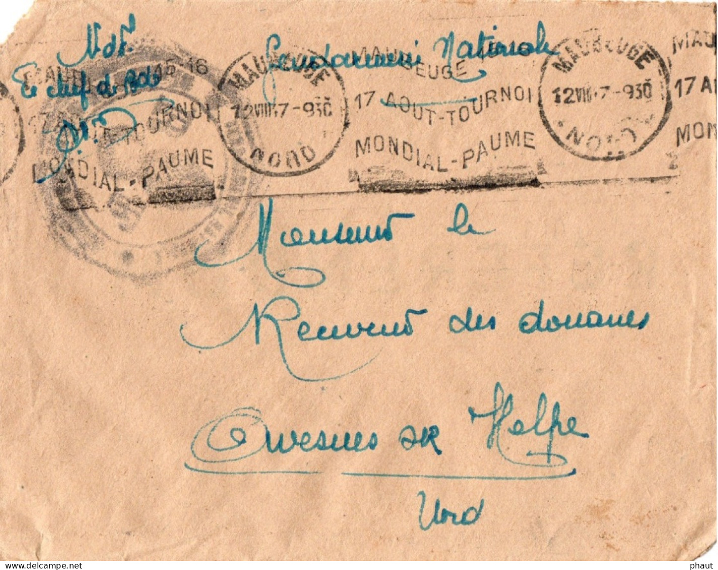 KRAG MAUBEUGE Tournoi Mondial Paume Sur Lettre ( Retournée ) RARE - 1921-1960: Modern Period