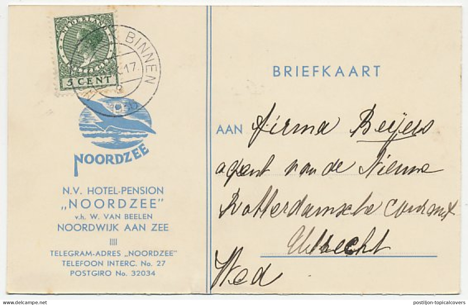 Firma Briefkaart Noordwijk Aan Zee 1936 - Hotel / Pension - Unclassified